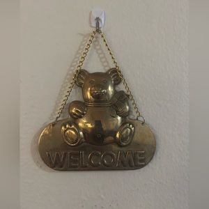 Vintage Brass Teddy Bear "WELCOME" Sign
